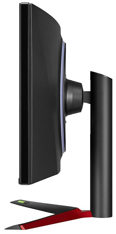 Widok z boku czarno-czerwonego monitora LG na stojaku. Smukła konstrukcja.