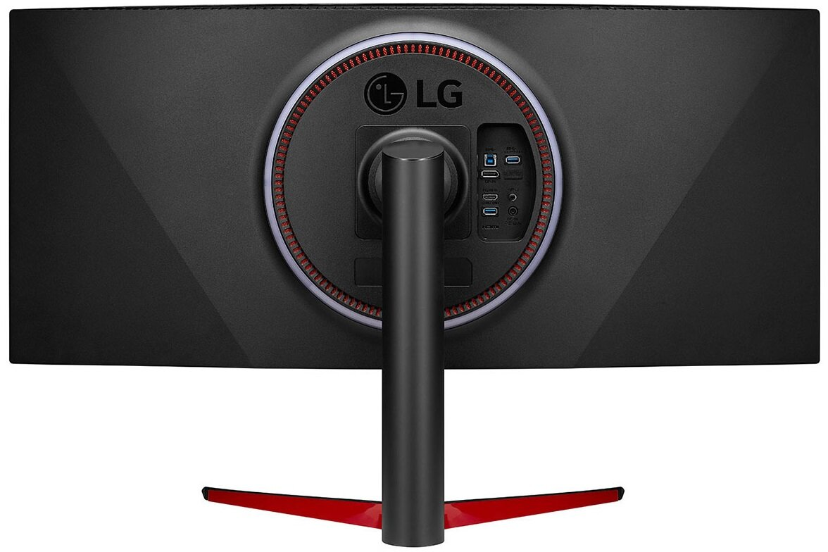 Widok z tyłu czarnego monitora do gier LG ze stojakiem. Posiada porty i czerwony pierścień akcentujący.