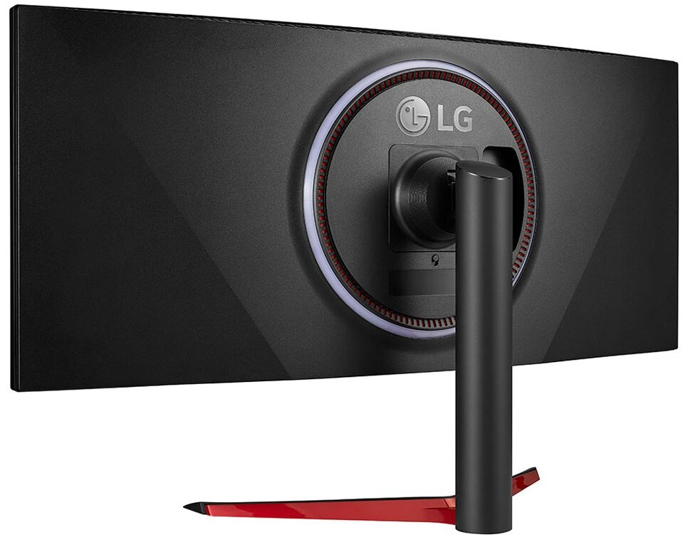 Czarny tył monitora LG z czerwonymi okrągłymi światłami i logo LG.