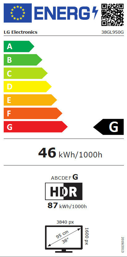 Etykieta energetyczna dla telewizora, pokazująca efektywność energetyczną i informacje o rozmiarze ekranu.