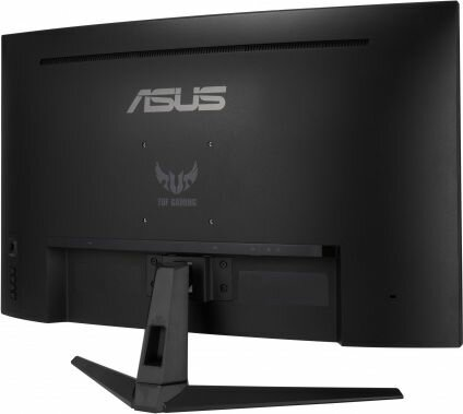 Widok z tyłu czarnego monitora do gier z logo ASUS, TUF Gaming i podstawką.