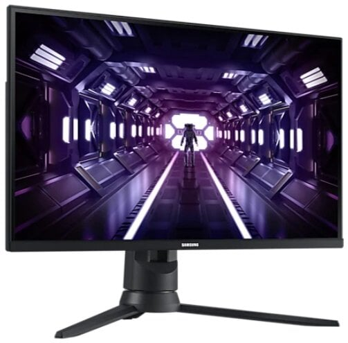 Monitor do gier wyświetlający futurystyczną scenę korytarza z postacią na końcu.