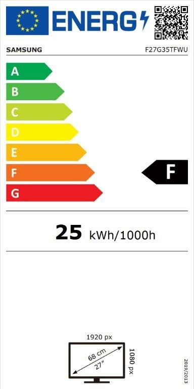Etykieta energetyczna pokazująca oceny i specyfikacje dla monitora Samsung.