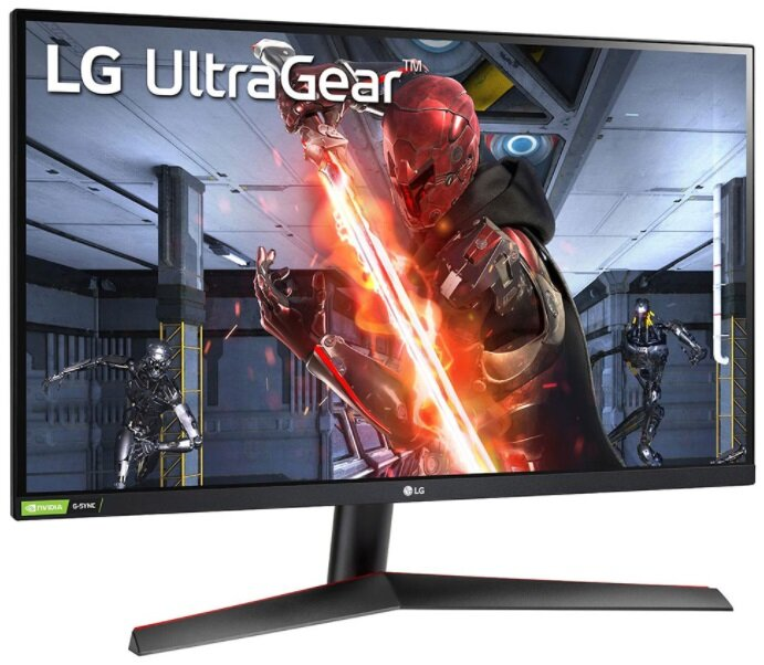 Monitor do gier LG UltraGear wyświetlający futurystyczną scenę z czerwoną postacią w zbroi.