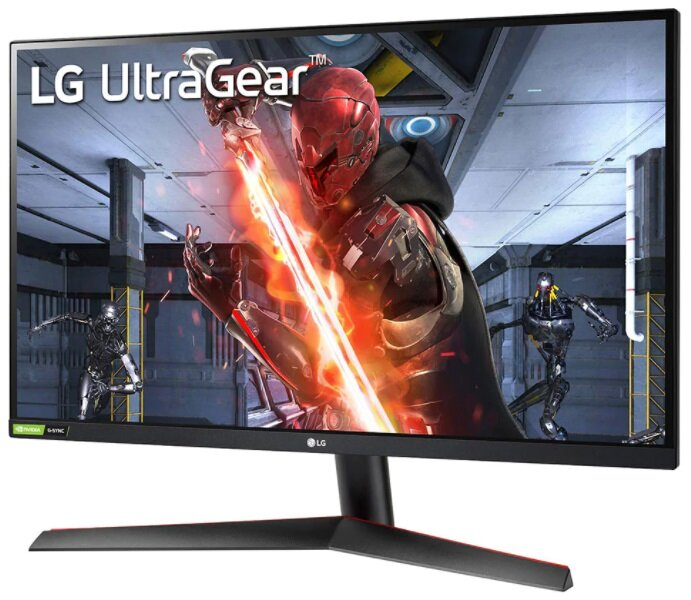 Monitor do gier LG UltraGear wyświetla scenę z gry, monitor na czarnym stojaku.