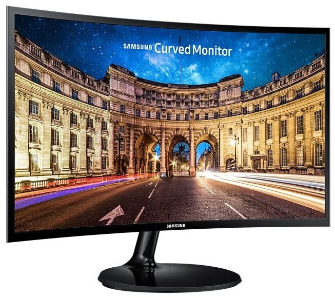 Zakrzywiony monitor Samsung wyświetlający scenę miejską z budynkami i drogą.