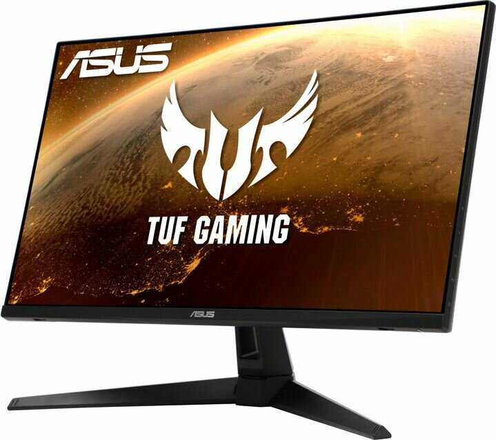 Czarny monitor ASUS TUF Gaming. Wyświetla obraz o tematyce kosmicznej z logo.