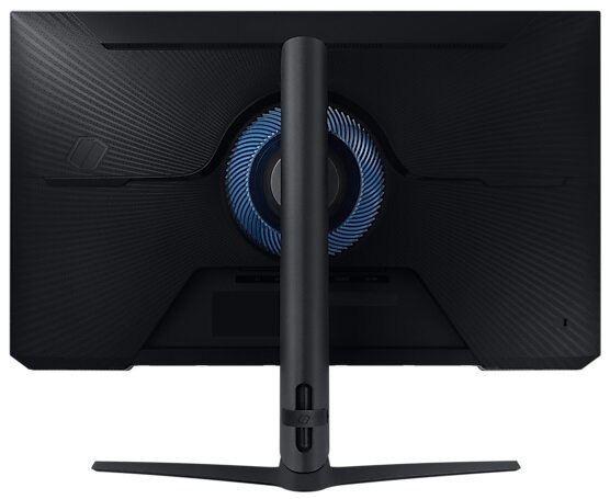 Tył monitora z czarną podstawą i niebieskim centralnym wzorem.