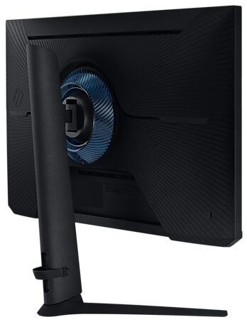 Tył czarnego monitora Samsung. Ma podstawkę i niebieski okrąg.