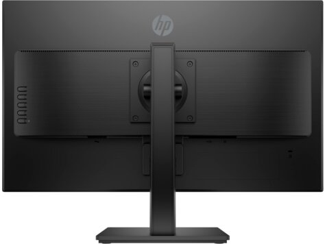 Czarny panel tylny monitora HP, ze stojakiem i różnymi portami połączeniowymi.
