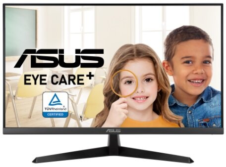 Monitor komputerowy ASUS z dwójką uśmiechniętych dzieci. Dziewczynka trzyma lupę nad okiem. Żółte tło.