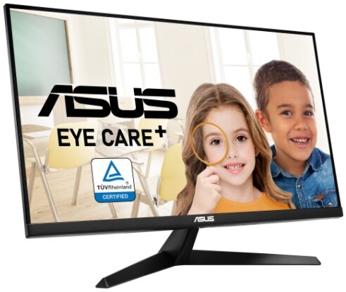 Czarny monitor komputera przedstawiający dziewczynkę i chłopca z logo ASUS Eye Care+.