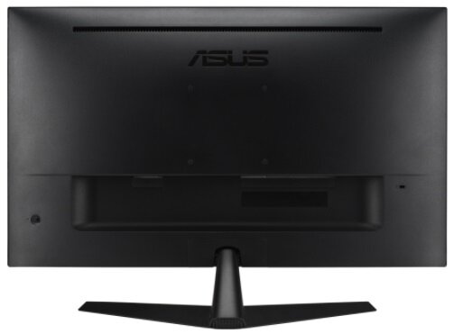 Widok z tyłu monitora ASUS. Czarny, z logo ASUS. Posiada podstawę i porty.