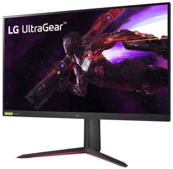 Monitor LG UltraGear. Czarny z czerwonymi akcentami, pokazujący scenę z gry.