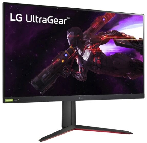 Monitor gamingowy LG UltraGear, czarny i czerwony, z futurystyczną sceną gry na ekranie.