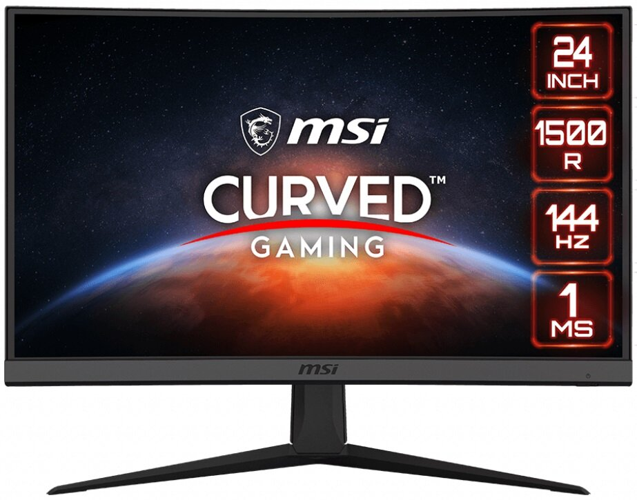 Zakrzywiony monitor gamingowy z logo MSI. Specyfikacje: 24 cale, 1500R, 144 Hz i 1 ms.
