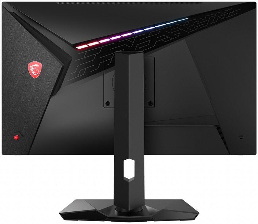 Tył czarnego monitora gamingowego MSI z logo MSI i elementami designu.