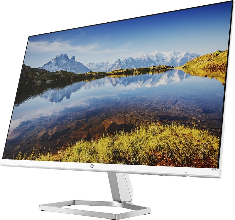 Biały monitor HP wyświetla scenę gór i jeziora. Monitor jest pochylony i ma srebrną podstawę.