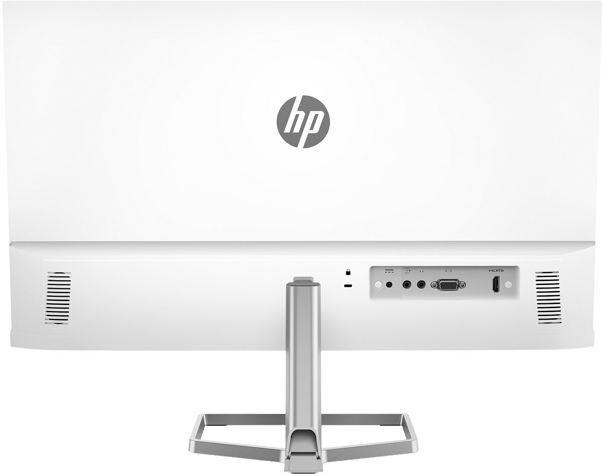 Widok z tyłu białego monitora komputera z wieloma portami i logo HP.
