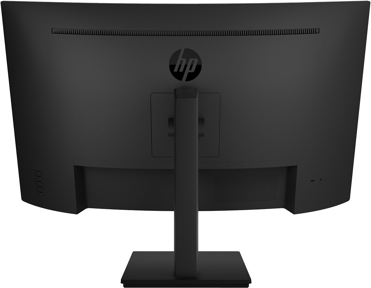 Widok z tyłu czarnego, zakrzywionego monitora. Logo HP na górze pośrodku.