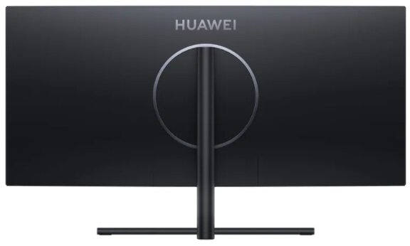 Widok z tyłu czarnego monitora HUAWEI, pokazujący logo i konstrukcję stojaka.