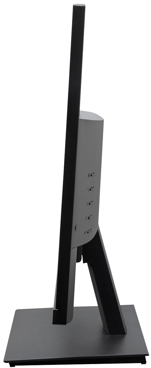 Widok z boku czarnego monitora komputerowego z prostokątną podstawą i pionową podstawką.