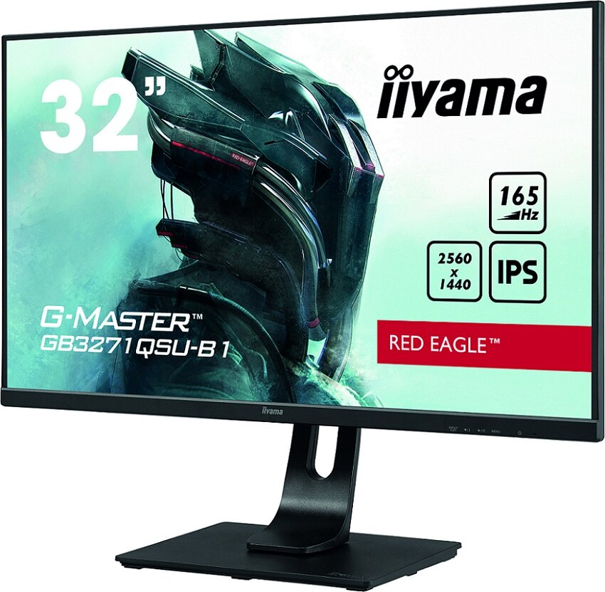 32-calowy monitor Iiyama G-Master. Czarna ramka, z tekstem i specyfikacjami oraz tłem sceny z gry.