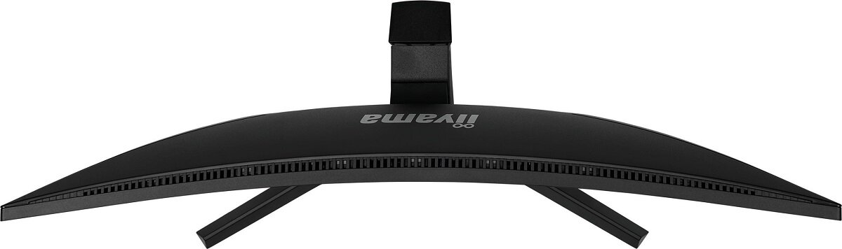 Zakrzywiony czarny monitor Iiyama z góry. Ma czarną podstawę i logo Iiyama pośrodku.