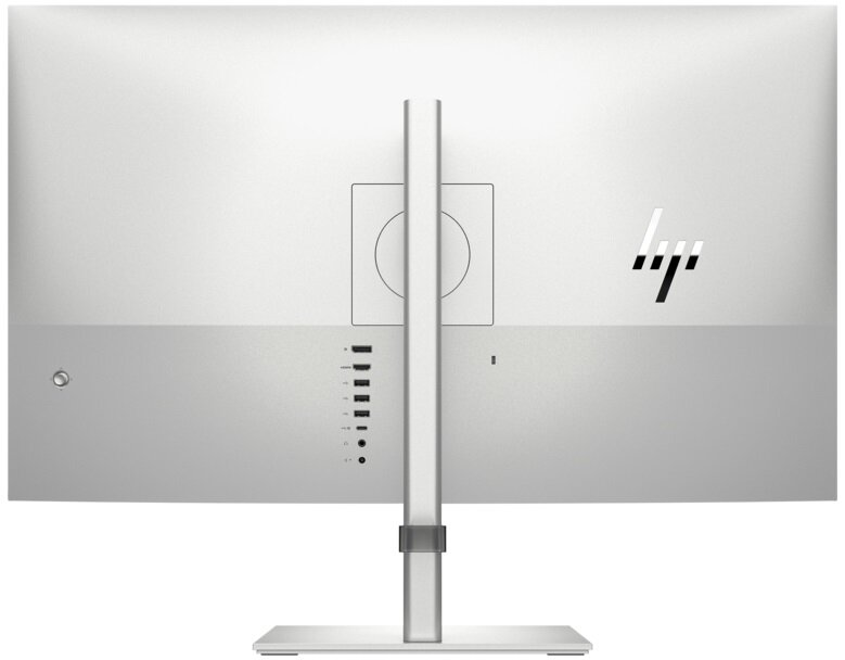 Widok z tyłu srebrnego monitora HP z portami i logo.