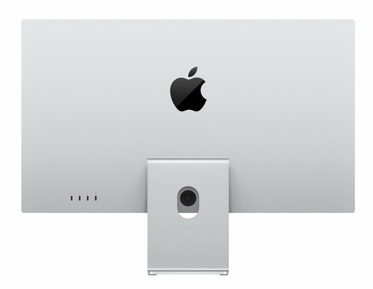Tył srebrnego monitora z logo Apple i podstawką.