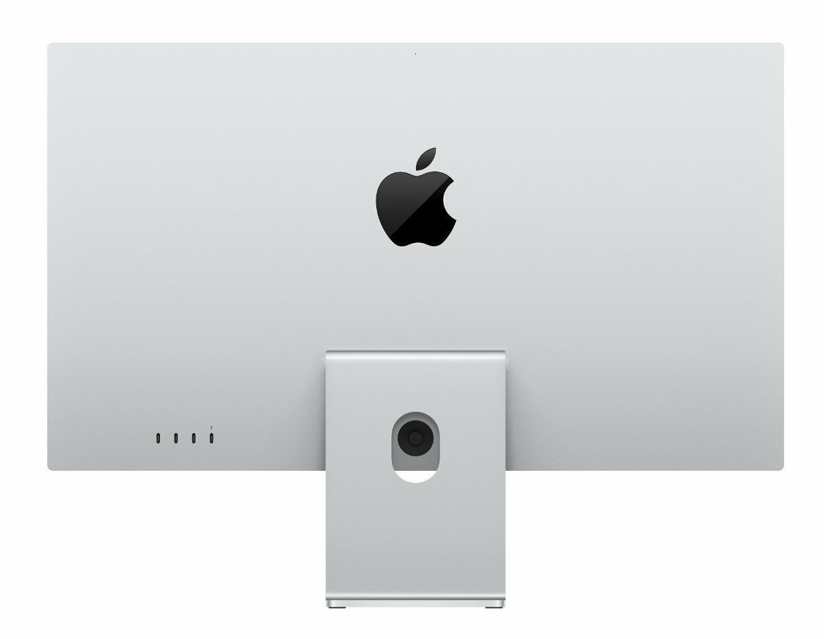 Tył srebrnego monitora Apple z logo Apple, podstawą i portami. Białe tło.