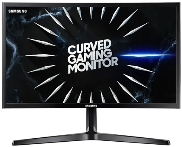 Czarny zakrzywiony monitor do gier Samsung, wyświetlający grafikę z białymi kształtami.