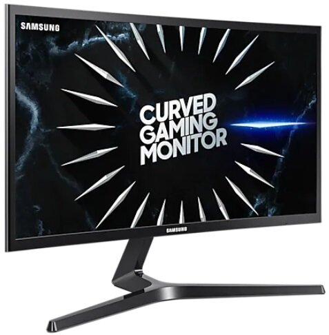 Zakrzywiony monitor gamingowy Samsung z czarnym tłem.