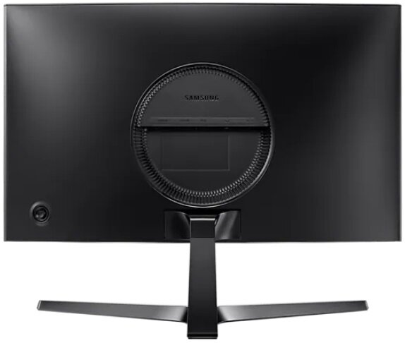 Tył czarnego monitora do gier. Ma logo Samsung i podstawkę.