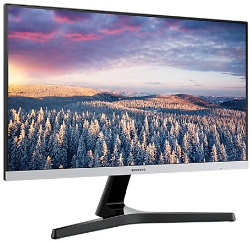 Monitor Samsung wyświetla zimowy krajobraz z ośnieżonymi drzewami.