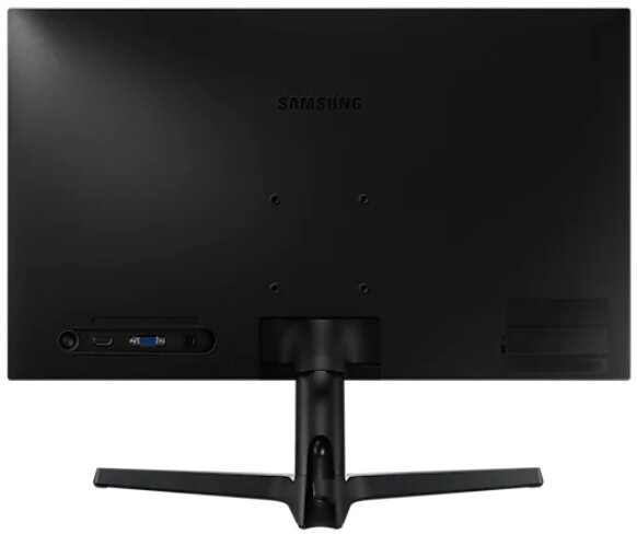 Widok z tyłu czarnego monitora Samsung ze stojakiem, portami i logo Samsung.