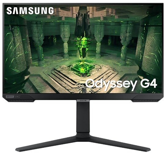 Monitor Samsung Odyssey G4 wyświetlający zieloną, futurystyczną scenę gry. Czarny stojak.