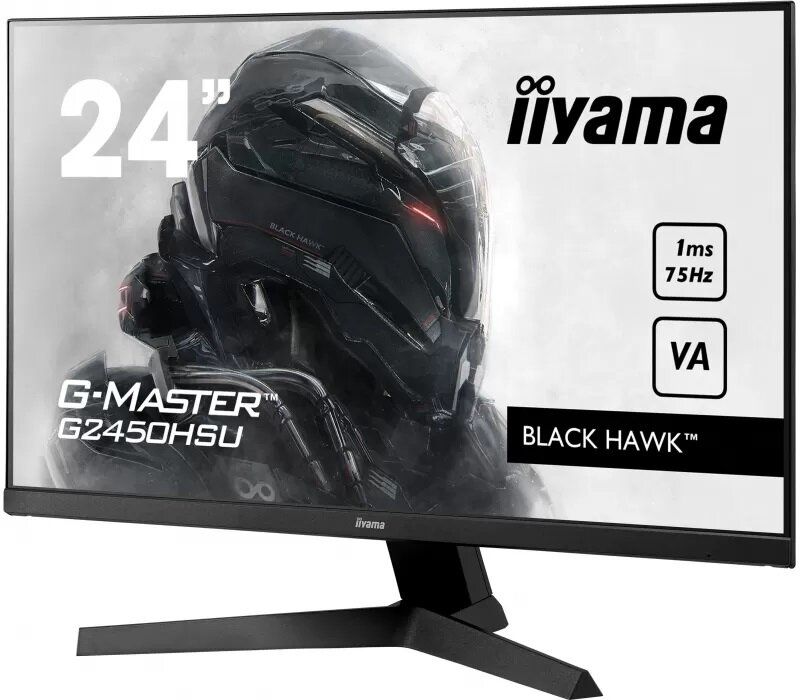 24-calowy monitor iiyama ze sceną gry, z etykietą Black Hawk.