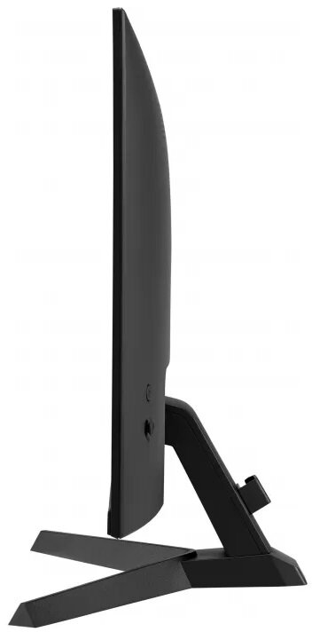 Czarny monitor komputera widziany z boku, pokazujący ekran i podstawkę.