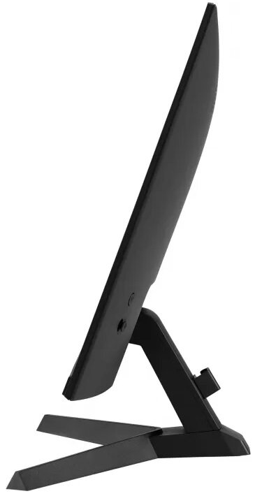 Widok z boku czarnego monitora pokazujący cienki ekran i podpórkę.