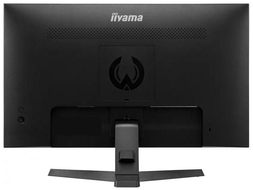 Widok z tyłu czarnego monitora komputerowego z logo marki iiyama i stojakiem.