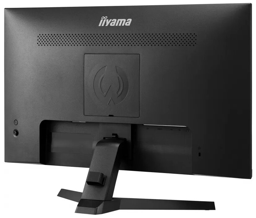 Widok z tyłu czarnego monitora z otworami wentylacyjnymi i portami. Czarny stojak.