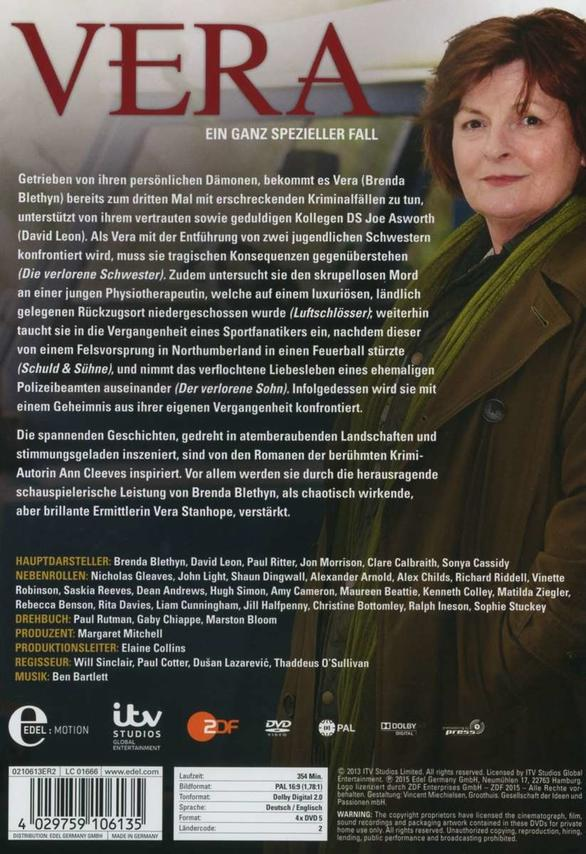 DVD-Cover der TV-Serie Vera. Es zeigt eine Frau mit grünem Schal und Text auf Deutsch.