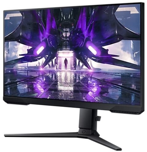 Monitor do gier z futurystyczną sceną kosmiczną na ekranie.