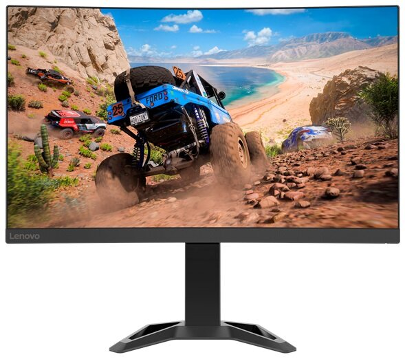 Monitor do gier wyświetlający scenę z gry wyścigowej z niebieskim pojazdem terenowym w akcji.