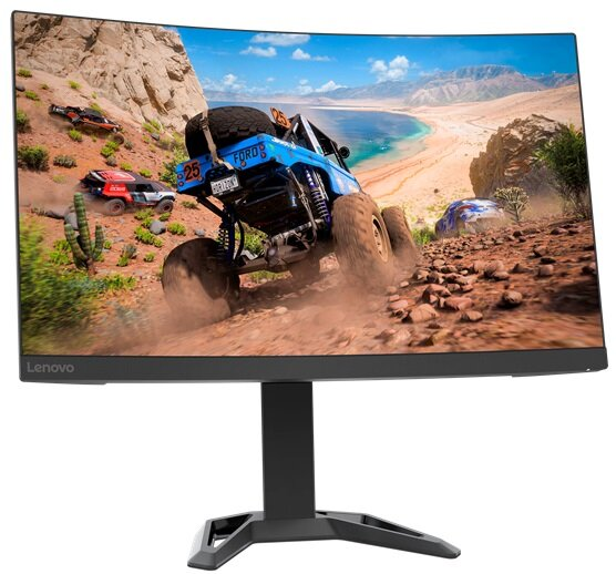 Zakrzywiony monitor Lenovo wyświetla grę wyścigową z niebieskim pojazdem terenowym. Ma czarną podstawę.