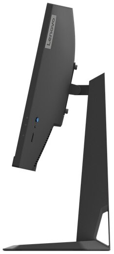 Czarny monitor Lenovo z boku. Widoczny stojak, ekran i porty.