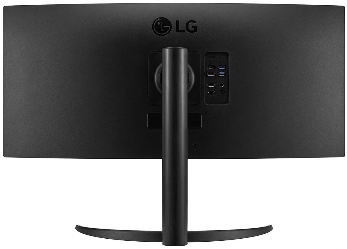 Widok z tyłu czarnego monitora LG z portami i podstawą, zakrzywiony design.