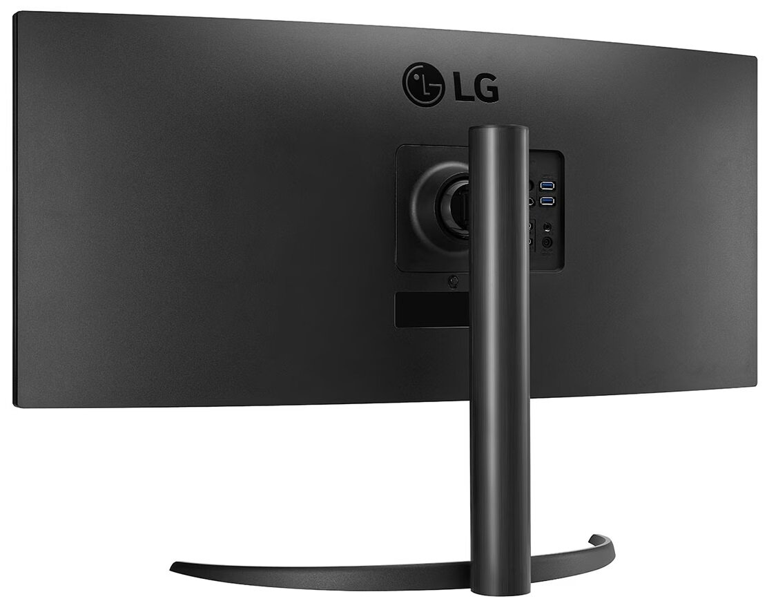 Czarny zakrzywiony monitor z logo LG i tylnymi portami. Tło jest białe.