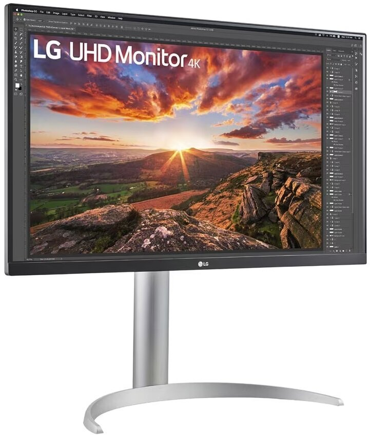 Monitor LG UHD 4K ze srebrną podstawą, wyświetlający krajobraz i interfejs oprogramowania.